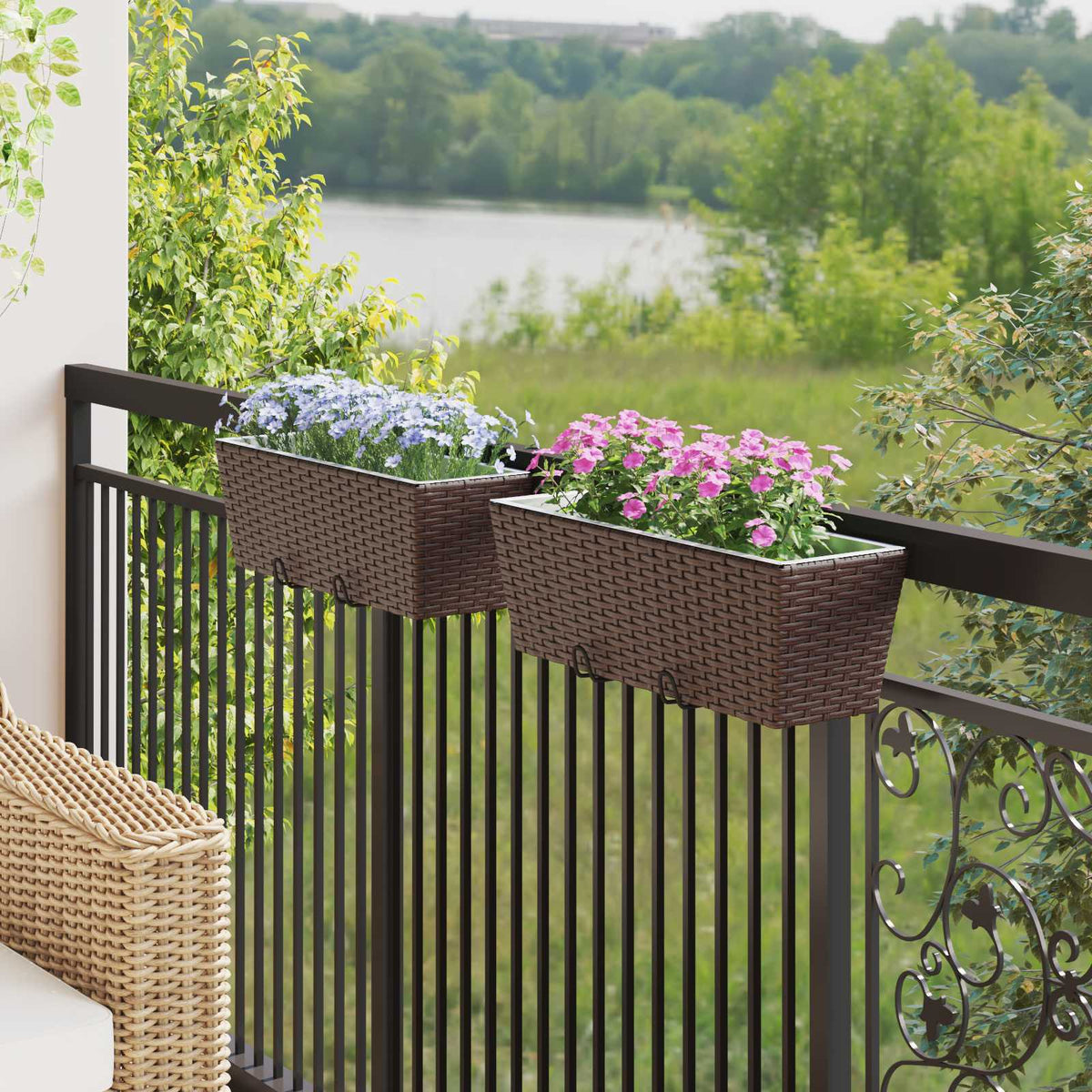 Jardinière de balcon en résine tressée 50 ou 80 cm, lot de 2