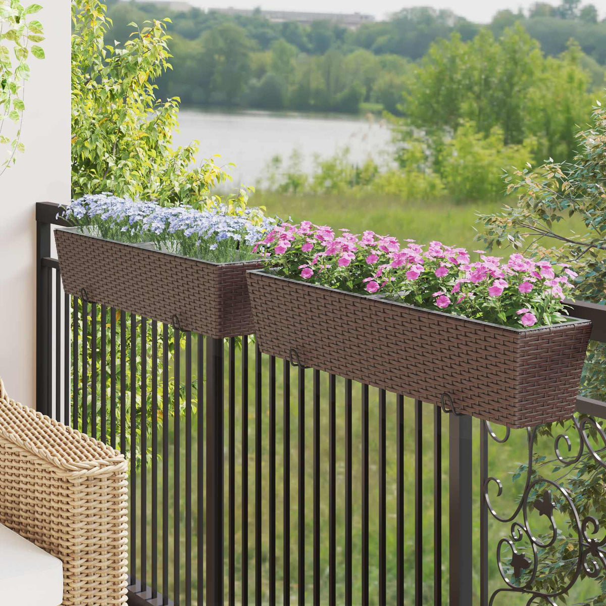 Jardinière de balcon en résine tressée 50 ou 80 cm, lot de 2