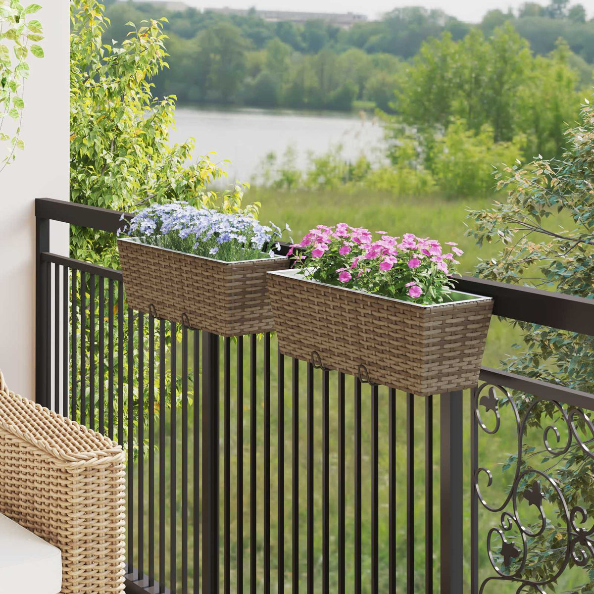 Jardinière de balcon en résine tressée 50 ou 80 cm, lot de 2