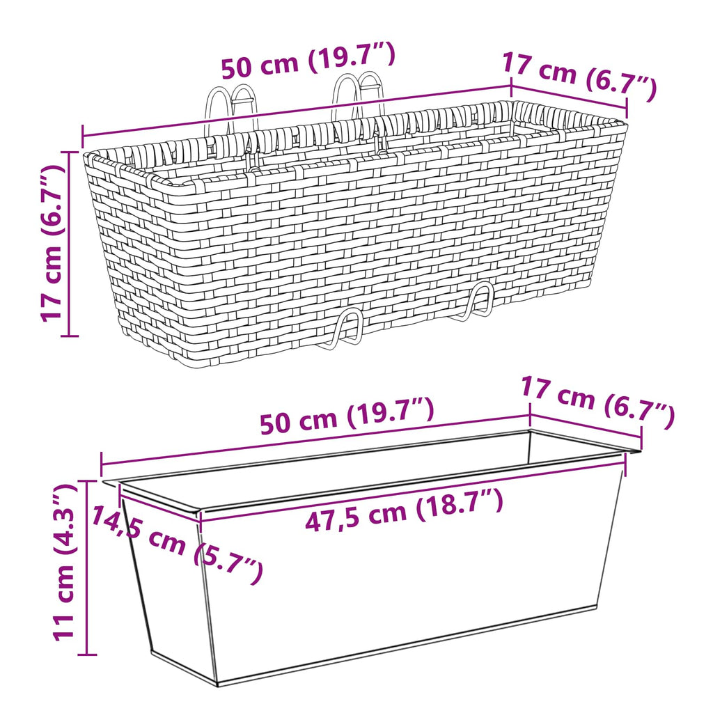 Jardinière de balcon en résine tressée 50 ou 80 cm, lot de 2