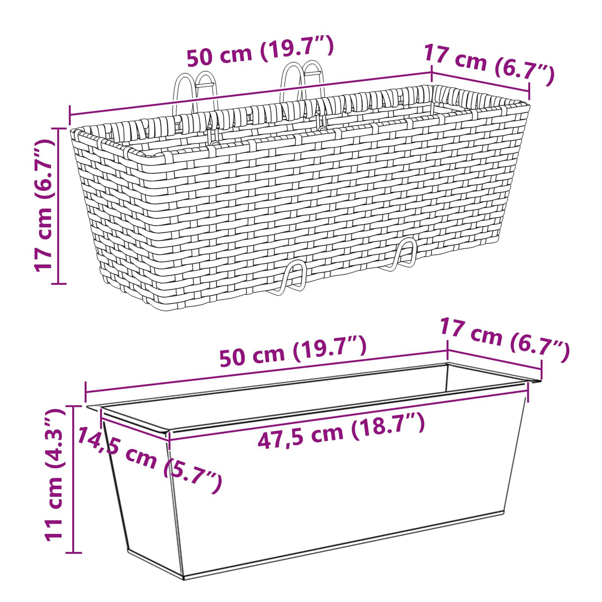 Jardinière de balcon en résine tressée 50 ou 80 cm, lot de 2