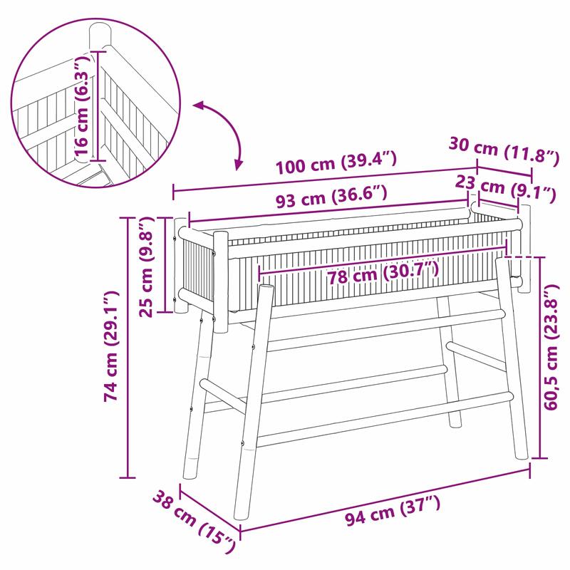 Jardinière en bambou 100 cm sur pieds croisés pour terrasse