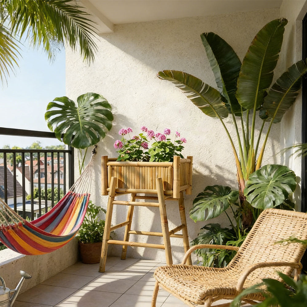 Jardinière en bambou naturel sur pied 50 cm pour petit balcon