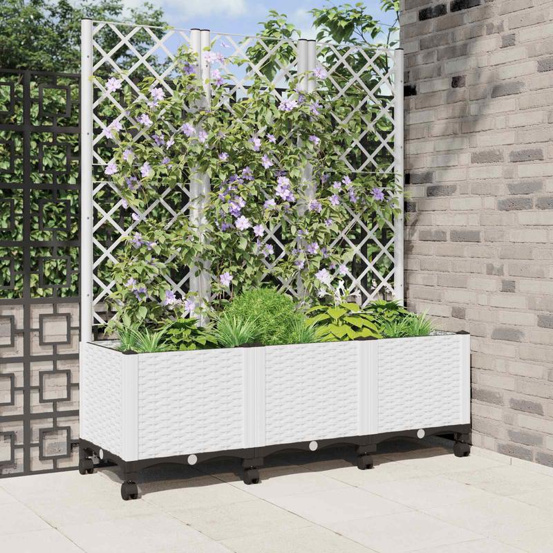 Jardinière blanche à roulettes avec treillis pour balcon