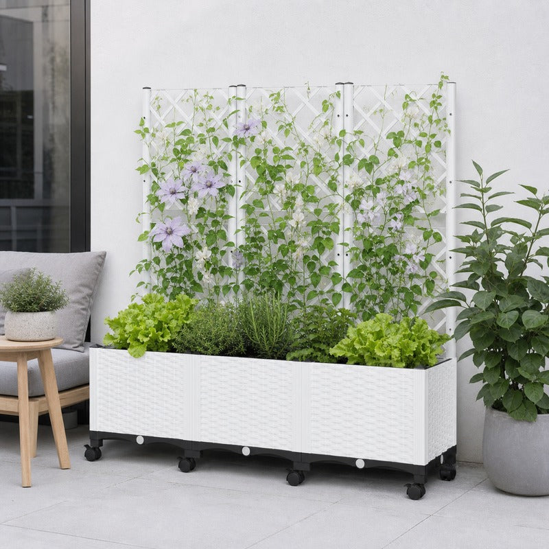 Jardinière blanche à roulettes avec treillis pour balcon