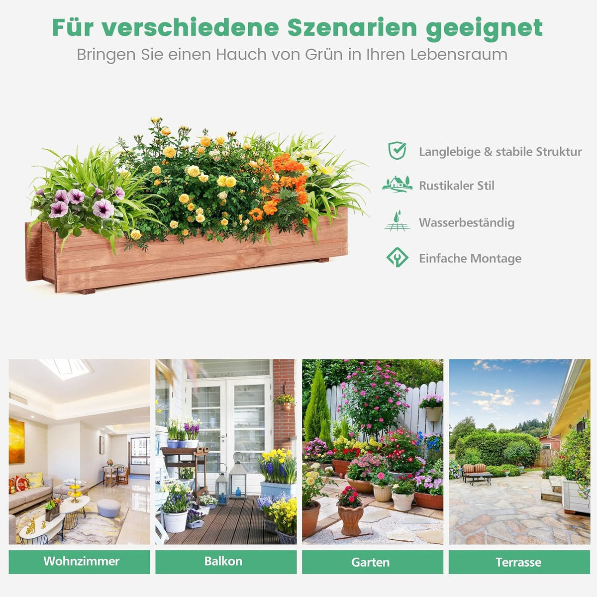 Jardinière en bois 92x18x16 cm — balcon et rebord de fenêtre