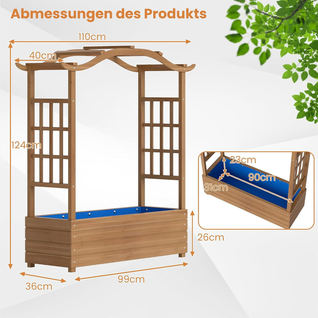 Jardinière en bois massif avec arche et treillis 110x40x124 cm