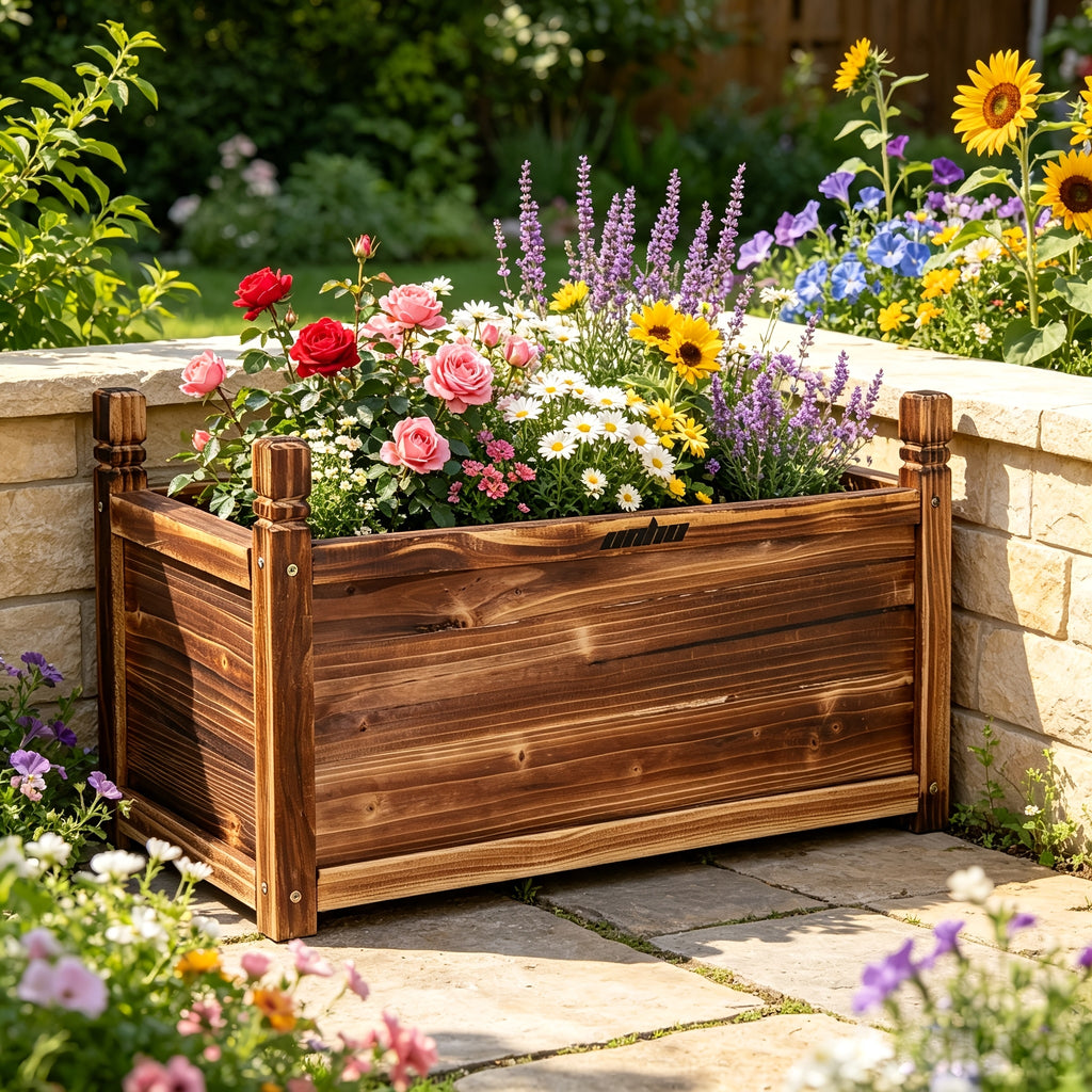 Jardinière en bois brûlé 60x30x34 cm — bac à fleurs et légumes