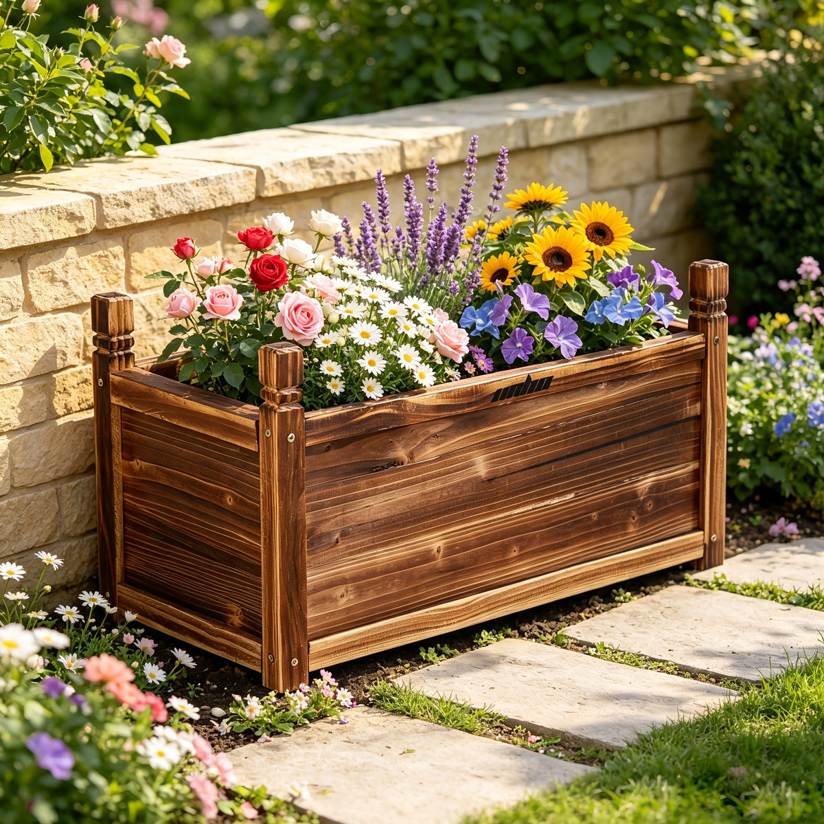 Jardinière en bois brûlé 60x30x34 cm — bac à fleurs et légumes