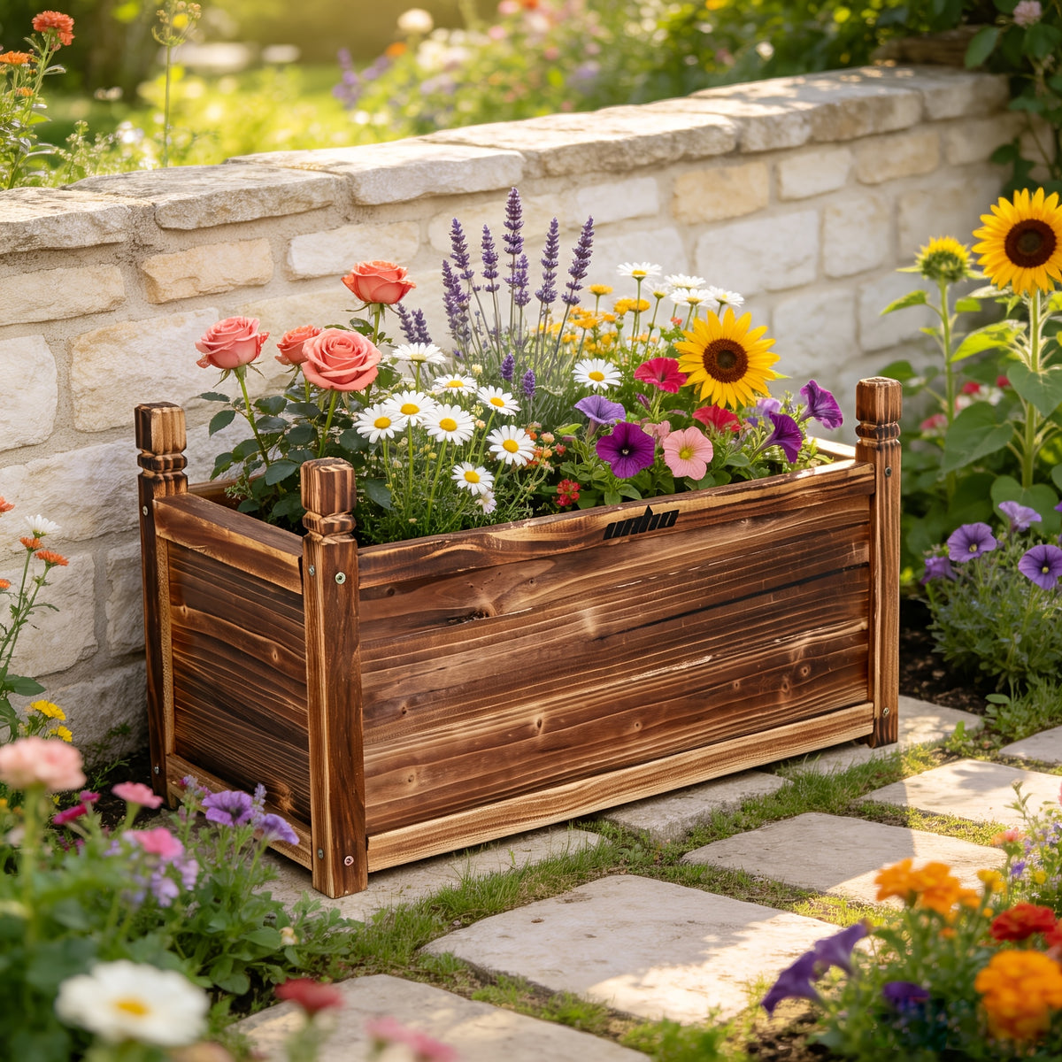 Jardinière en bois brûlé 60x30x34 cm — bac à fleurs et légumes