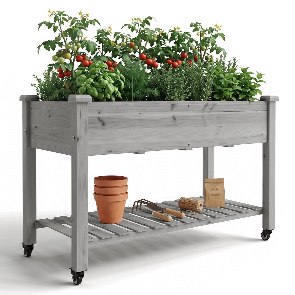 Jardinière en bois grise sur pied 120 cm à roulettes freinées