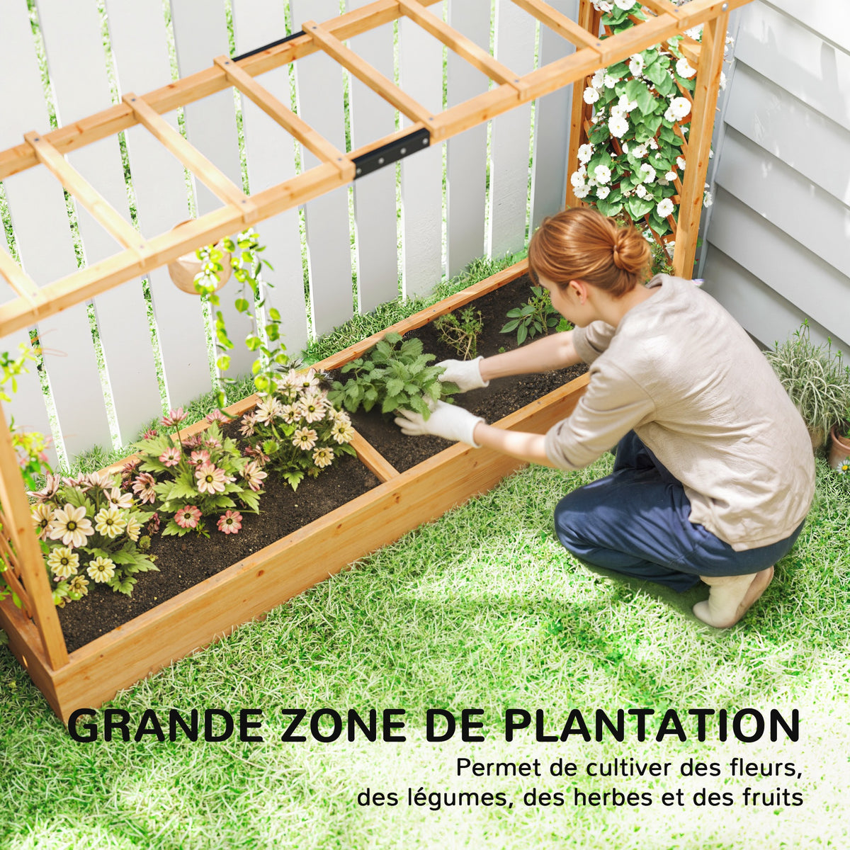 Jardinière en bois massif 200x44x114 cm avec treillis et toit