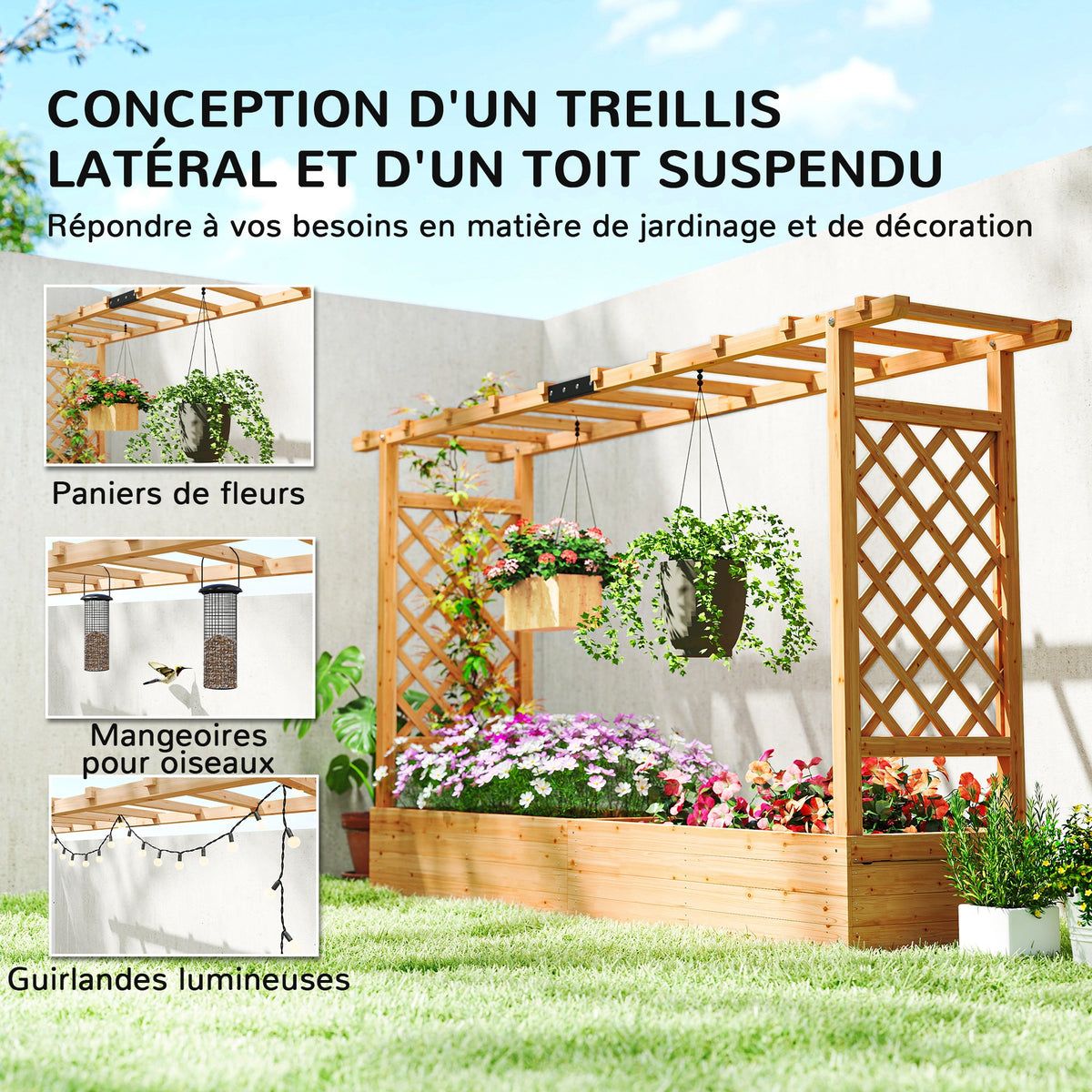 Jardinière en bois massif 200x44x114 cm avec treillis et toit