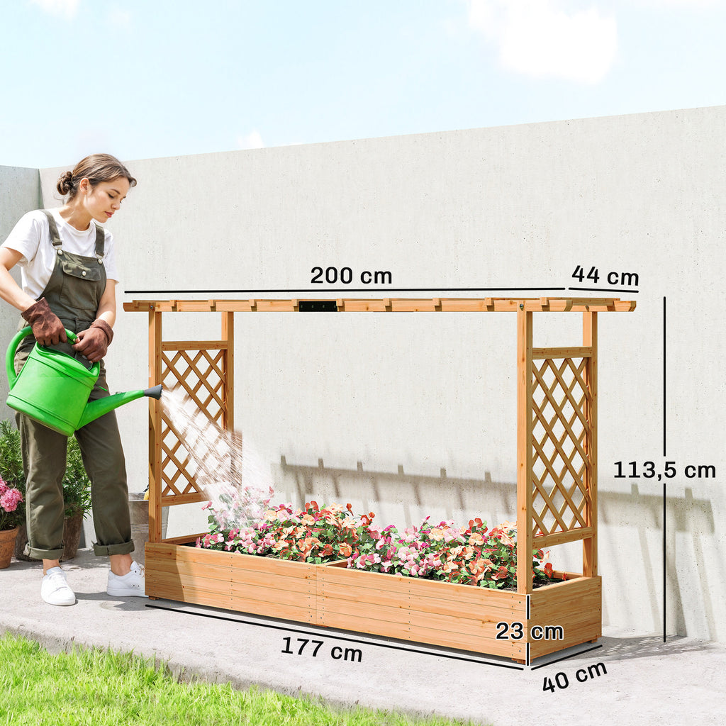 Jardinière en bois massif 200x44x114 cm avec treillis et toit