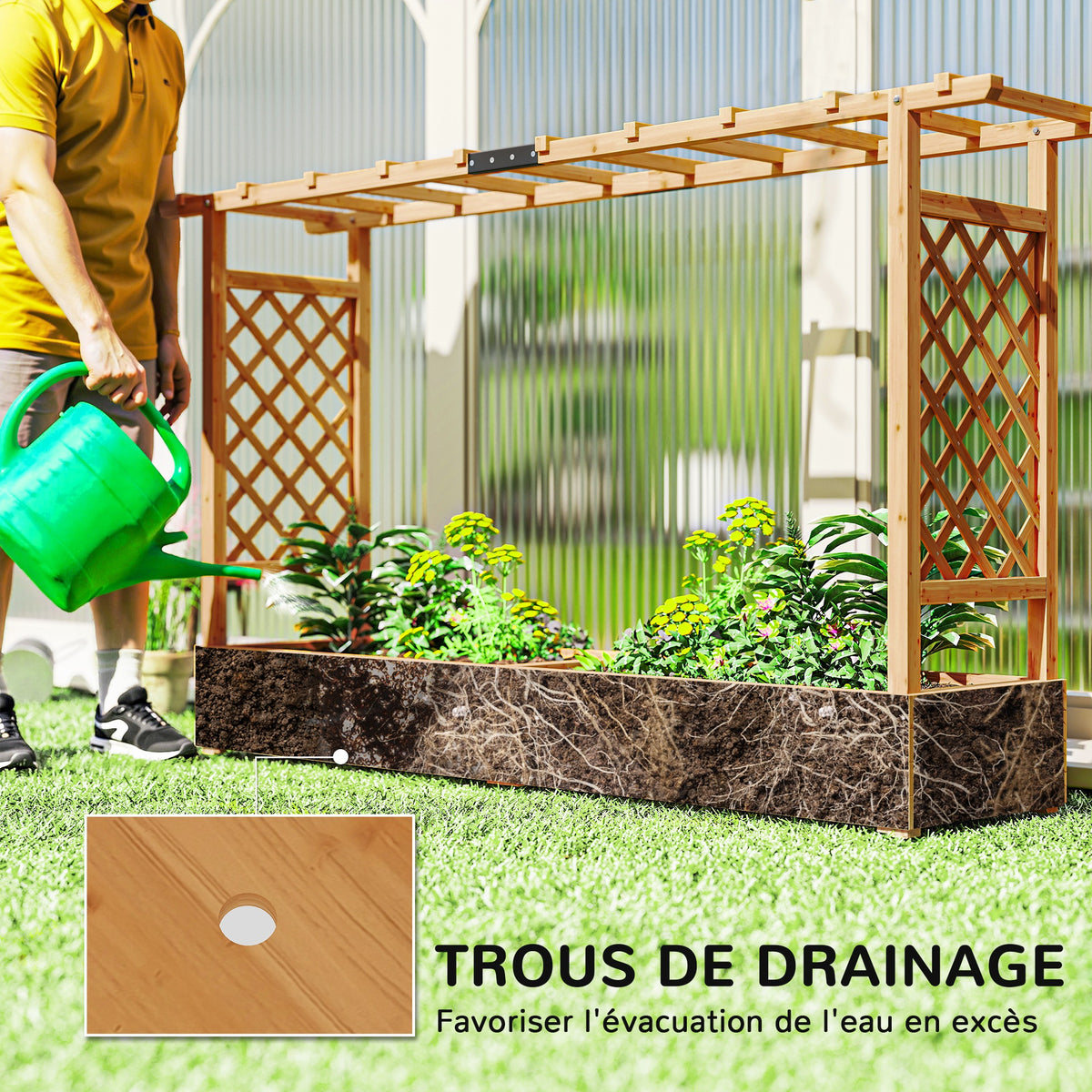 Jardinière en bois massif 200x44x114 cm avec treillis et toit