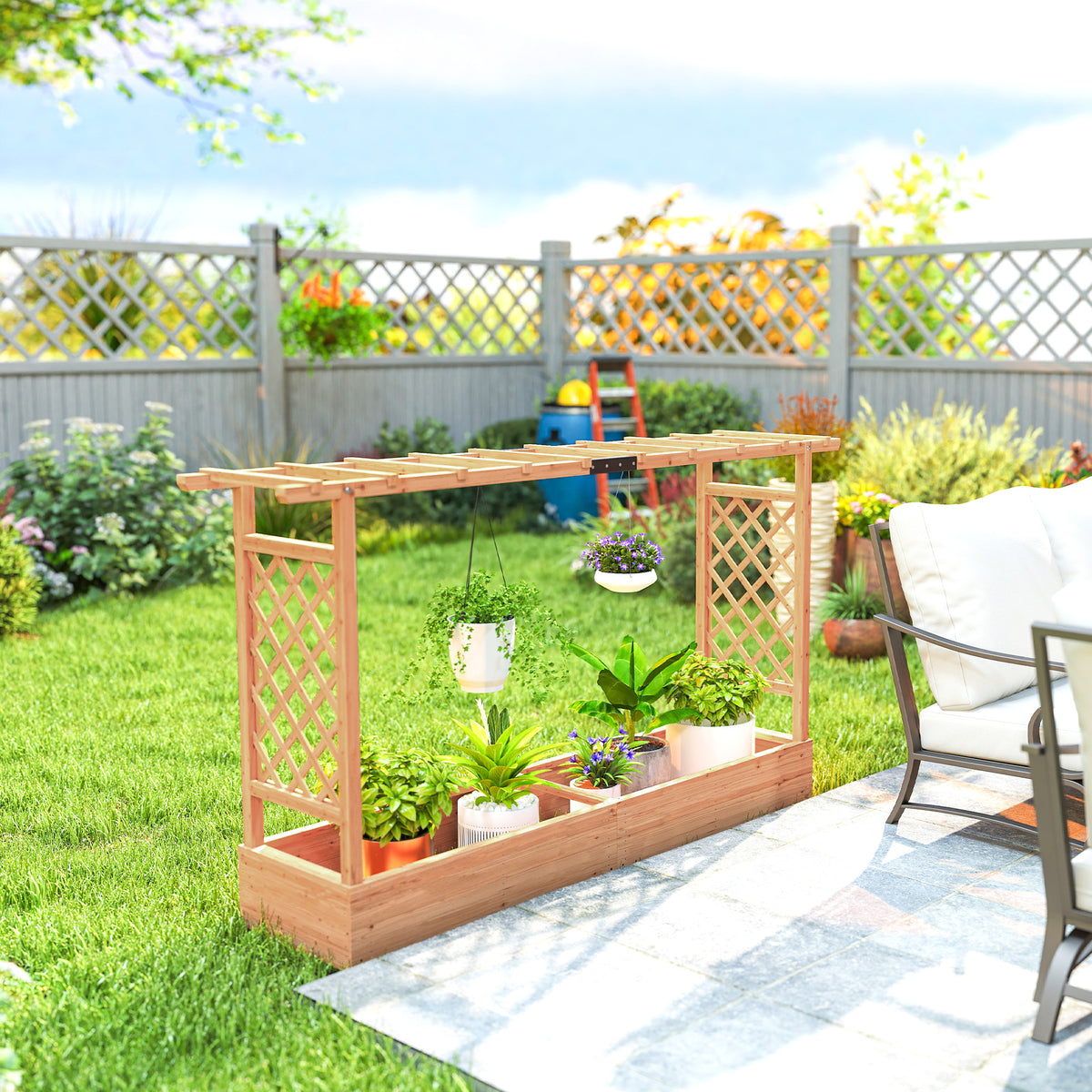 Jardinière en bois massif 200x44x114 cm avec treillis et toit