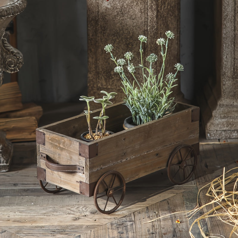 Jardinière en bois sur roulettes 48 cm — chariot rustique