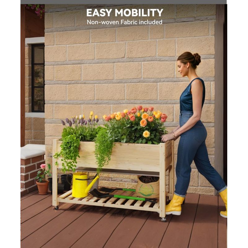 Jardinière en bois sur pied 122 cm, roulettes et étagère