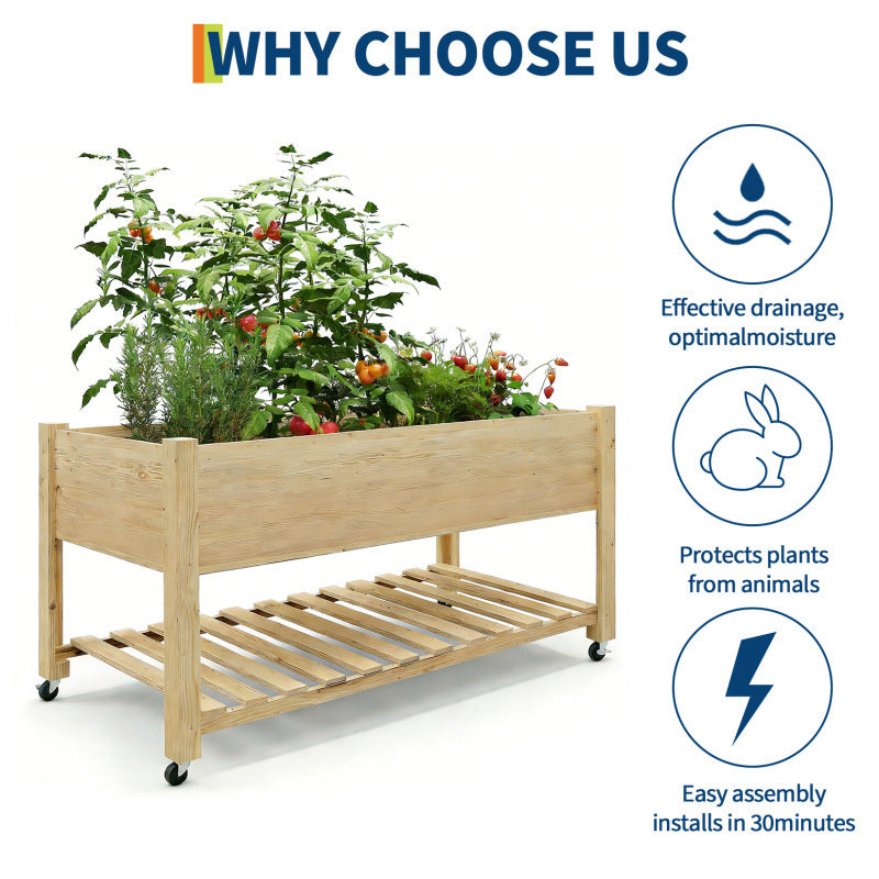 Jardinière en bois sur pied 122 cm, roulettes et étagère