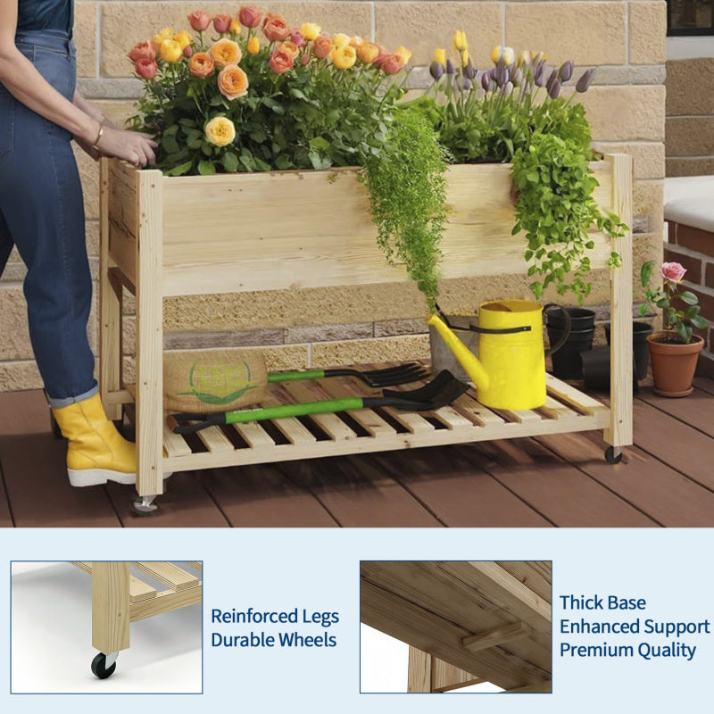 Jardinière en bois sur pied 122 cm, roulettes et étagère