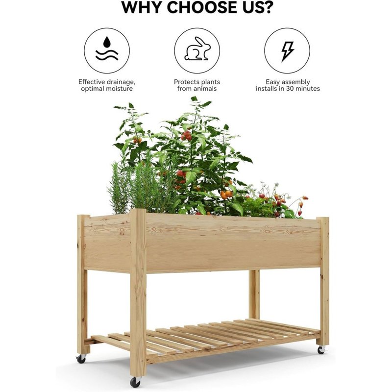 Jardinière en bois sur pied 122 cm, roulettes et étagère