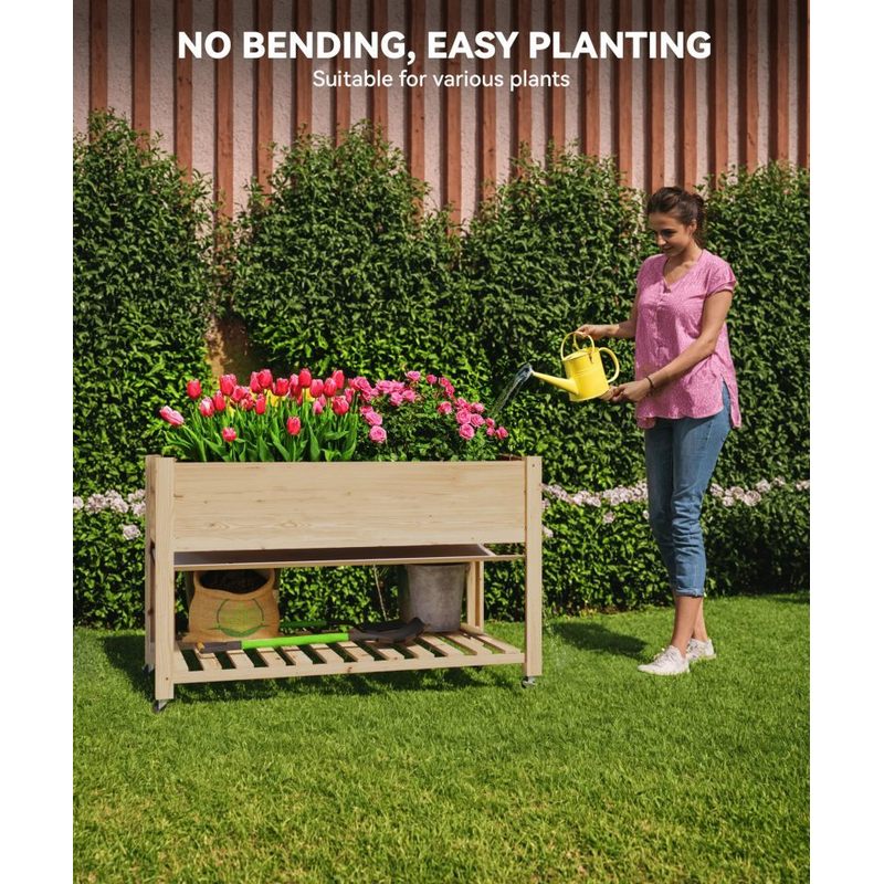 Jardinière en bois sur pied 122 cm, roulettes et étagère