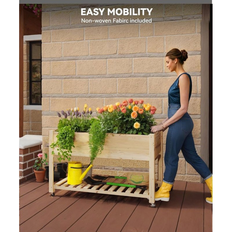 Jardinière en bois sur pied 122 cm, roulettes et étagère