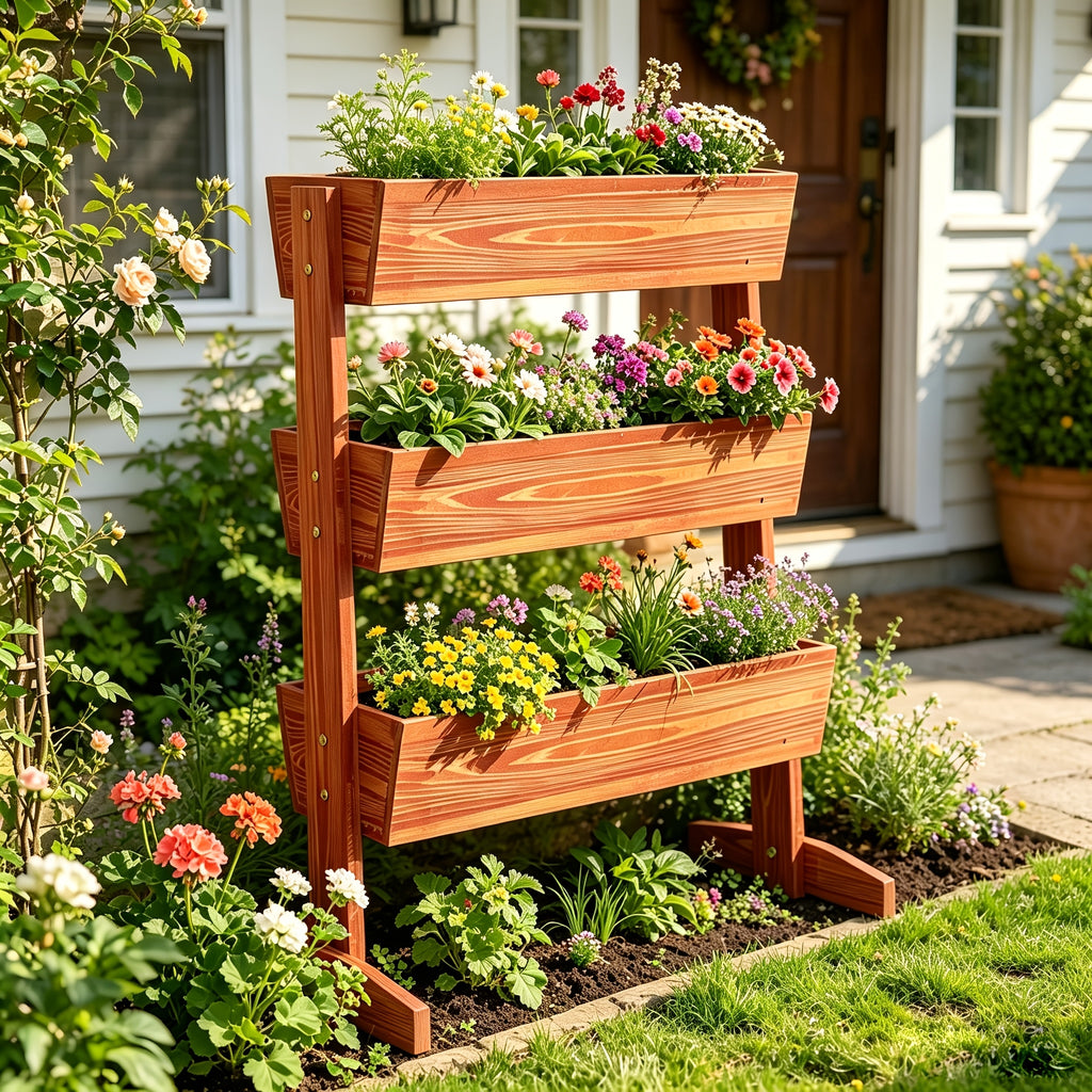 Jardinière en bois sur pied 3 niveaux 69x39x106 cm balcon