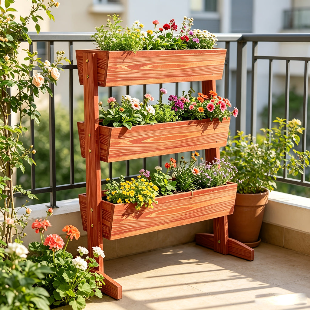 Jardinière en bois sur pied 3 niveaux 69x39x106 cm balcon
