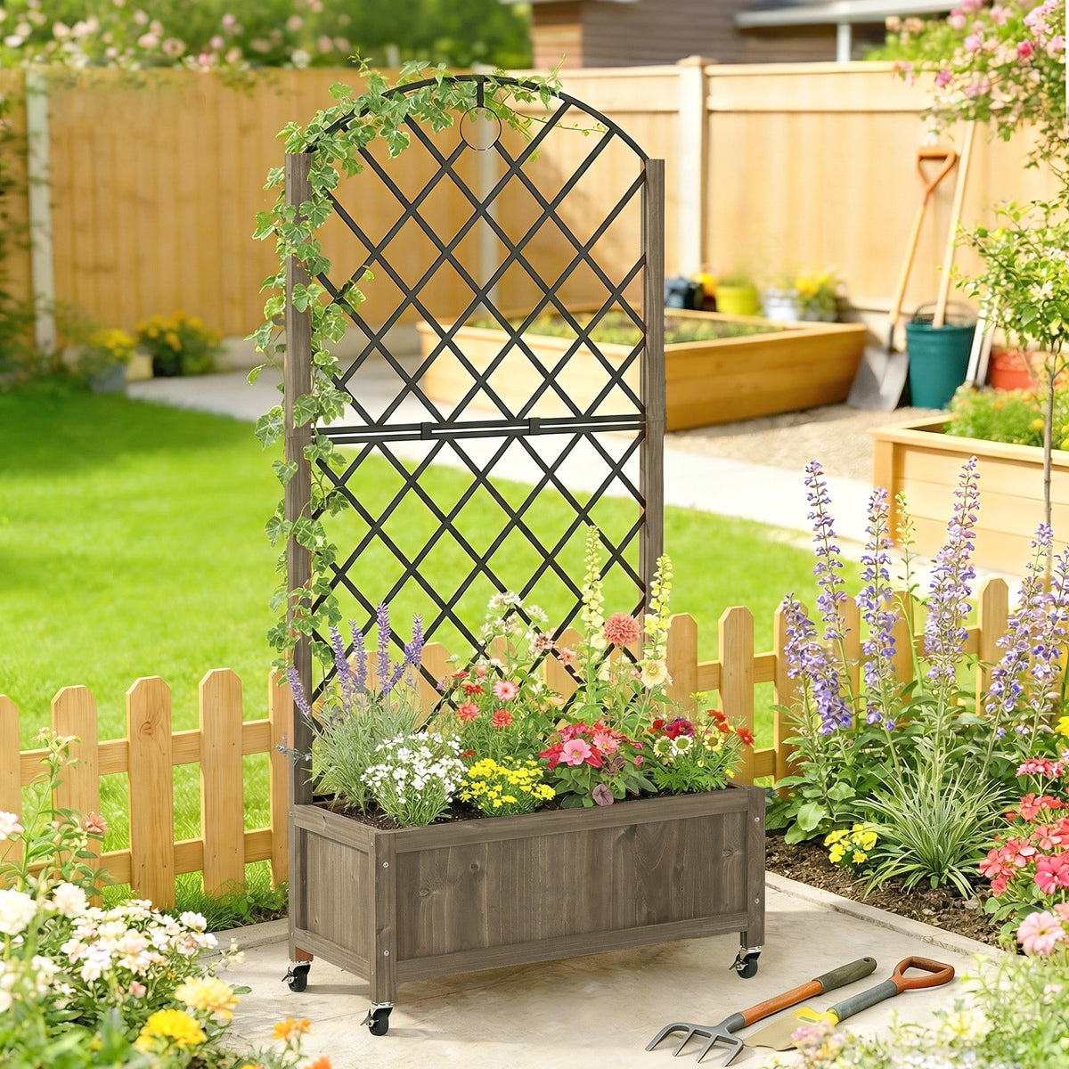 Jardinière en bois avec treillis brise-vue sur roulettes 72 cm