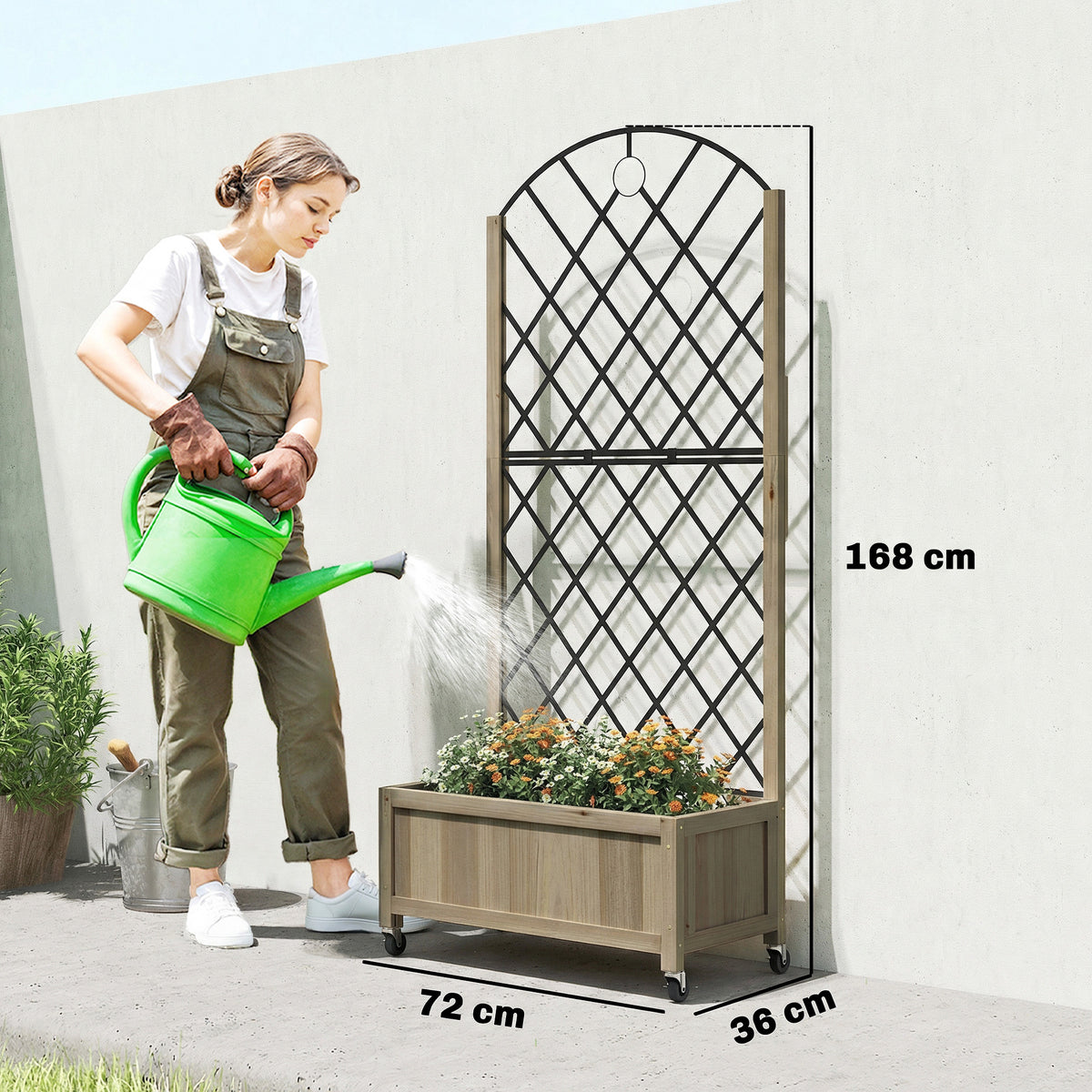 Jardinière en bois avec treillis brise-vue sur roulettes 72 cm
