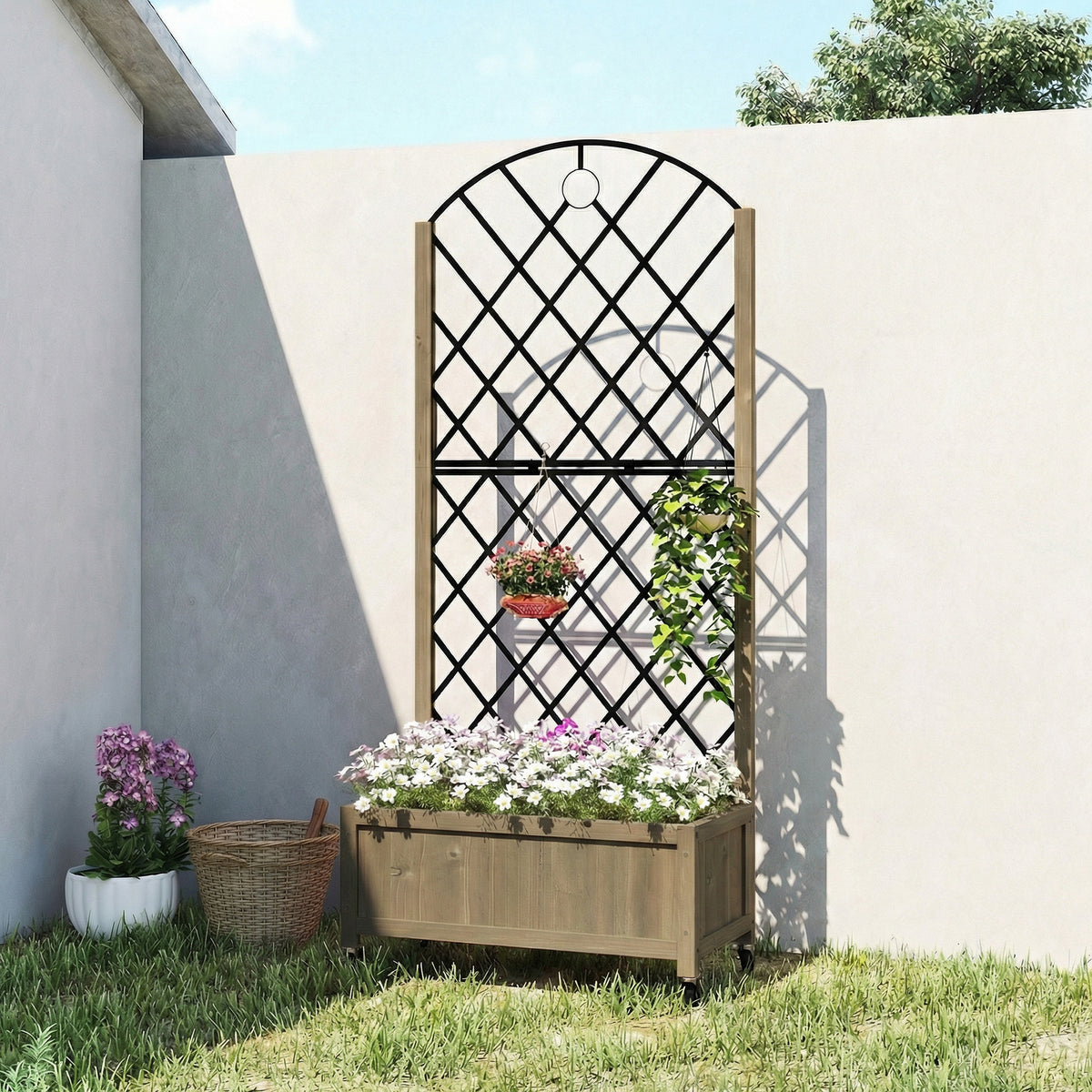 Jardinière en bois avec treillis brise-vue sur roulettes 72 cm