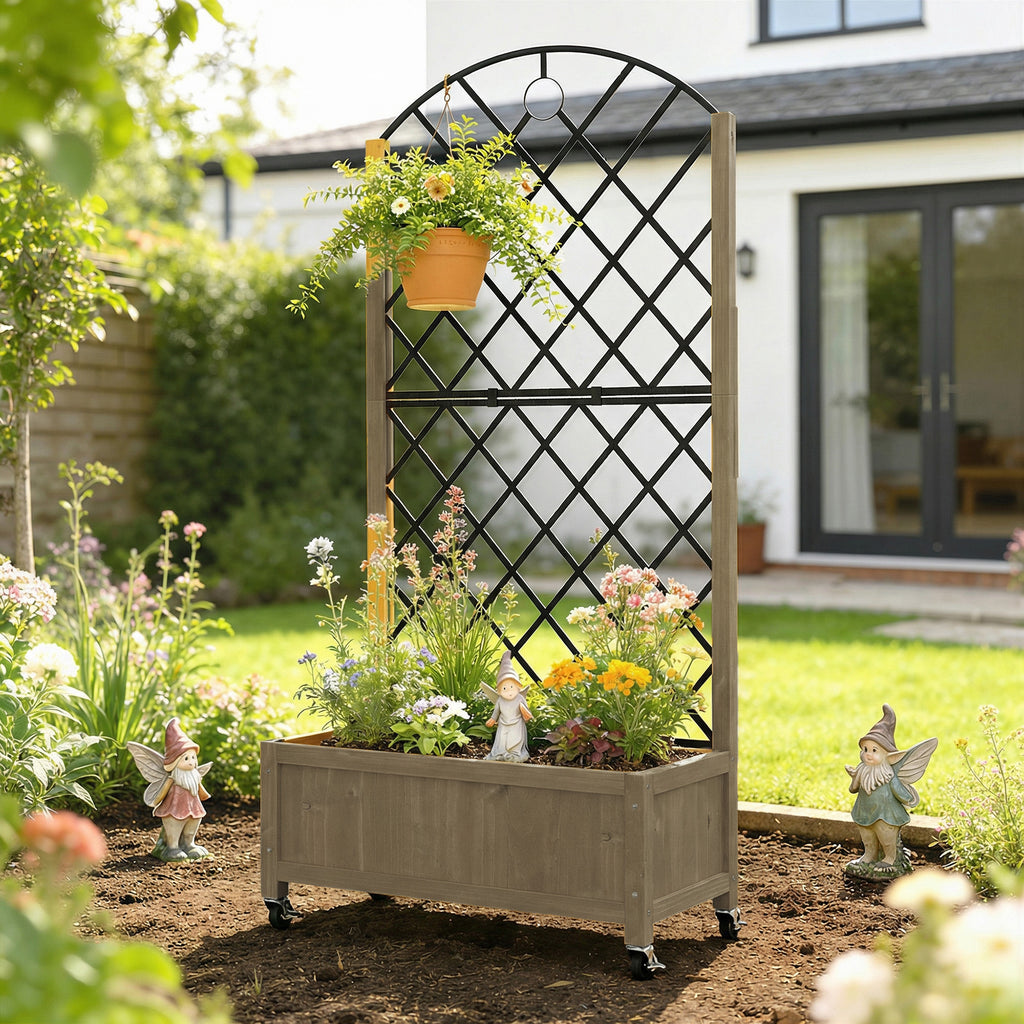 Jardinière en bois avec treillis brise-vue sur roulettes 72 cm