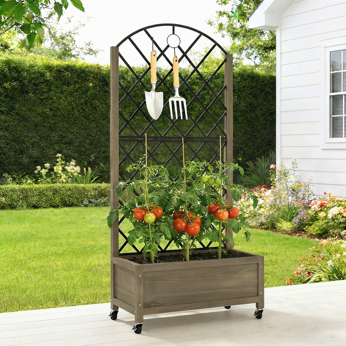 Jardinière en bois avec treillis brise-vue sur roulettes 72 cm