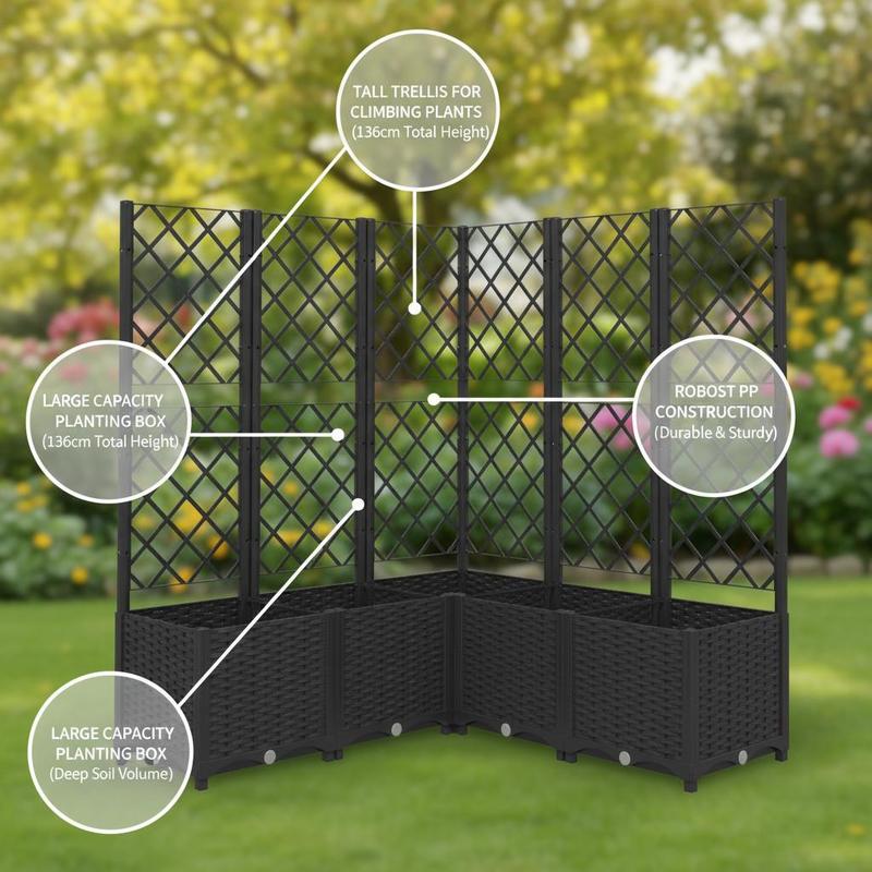 Jardinière brise-vue d'angle avec treillis 120x120x136 cm noire