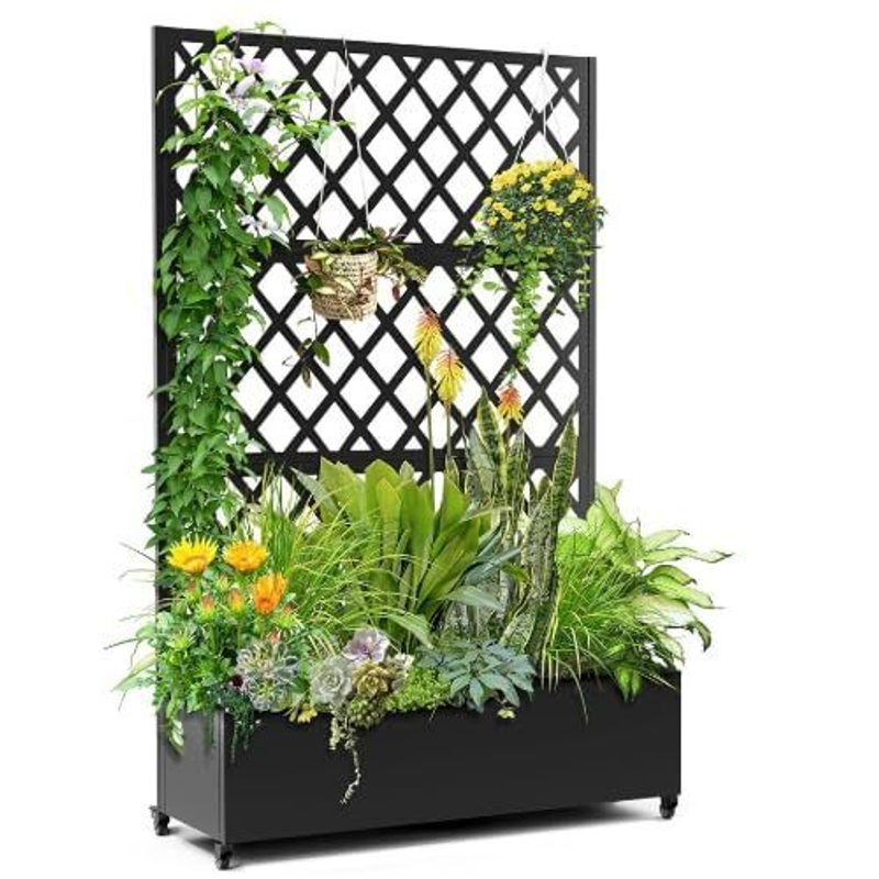 Jardinière brise-vue blanche en métal sur roulettes 120 cm