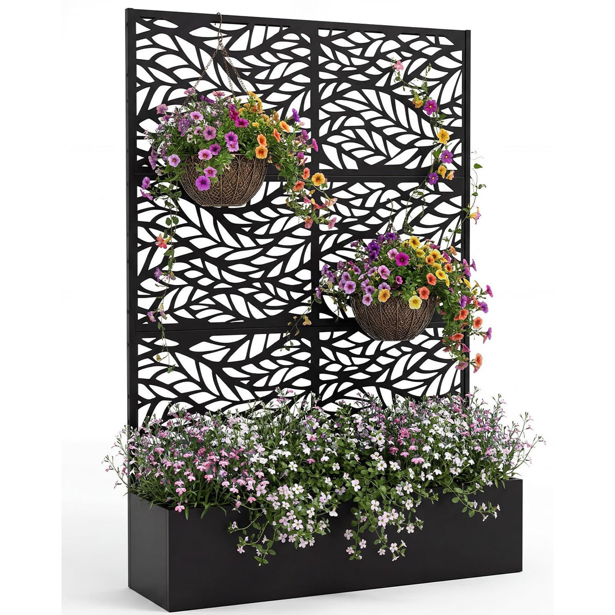 Jardinière brise-vue métal noir motif feuilles 112x180 cm