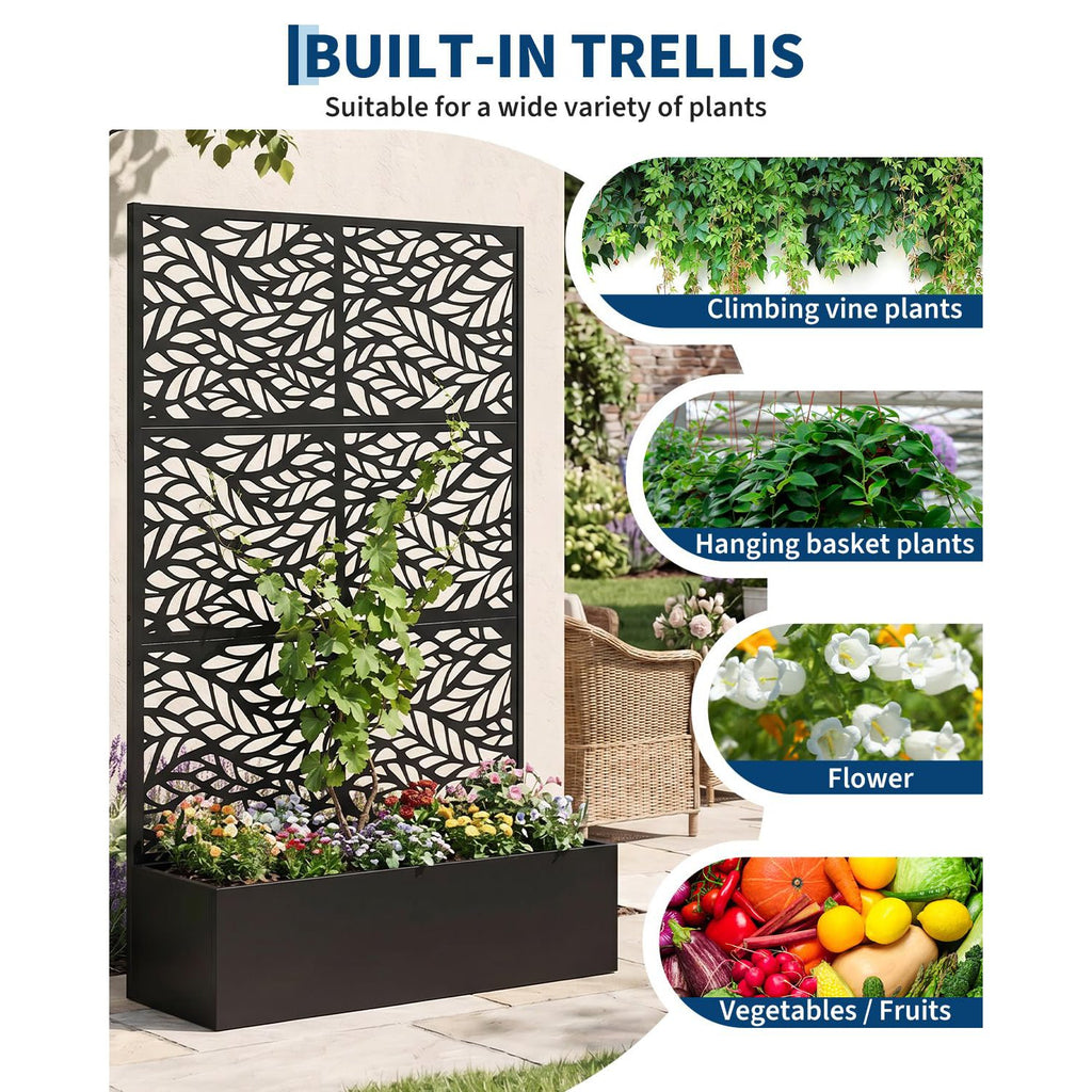 Jardinière brise-vue métal noir motif feuilles 112x180 cm