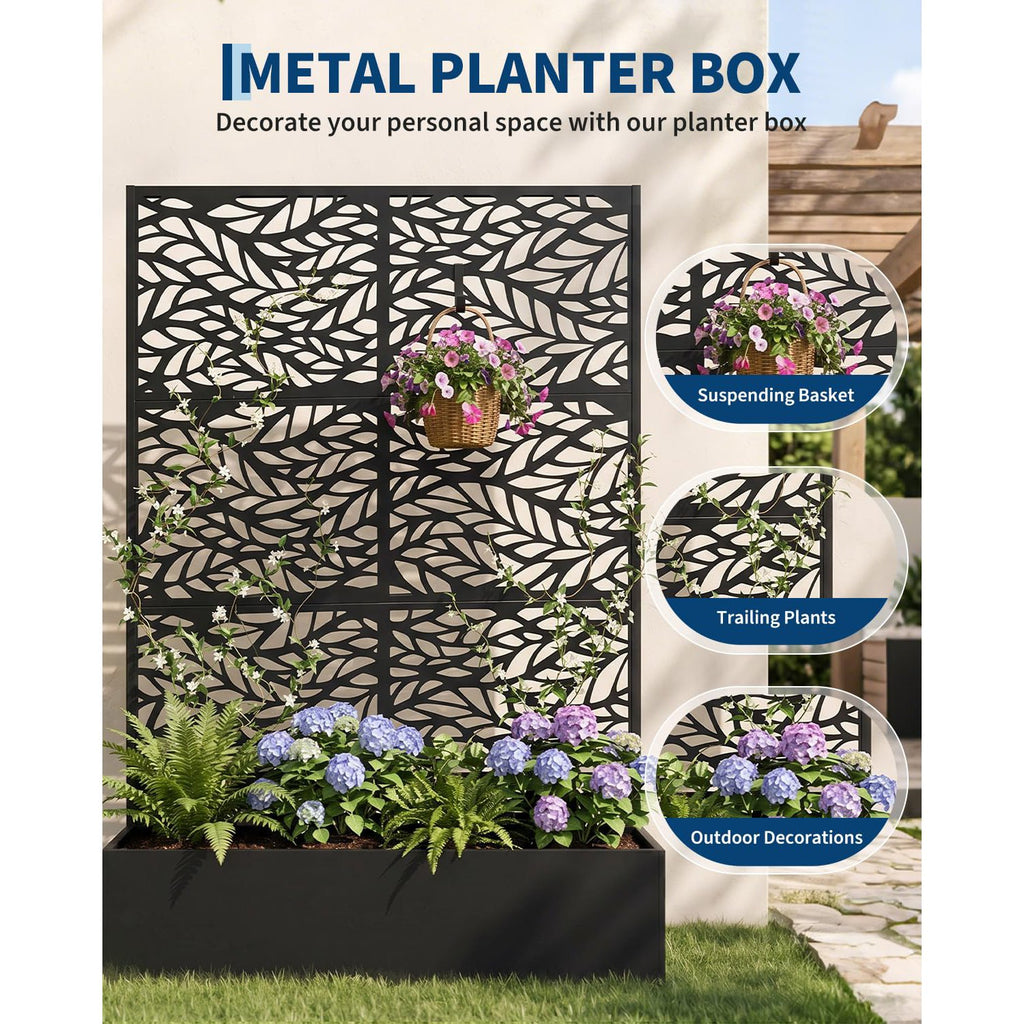 Jardinière brise-vue métal noir motif feuilles 112x180 cm