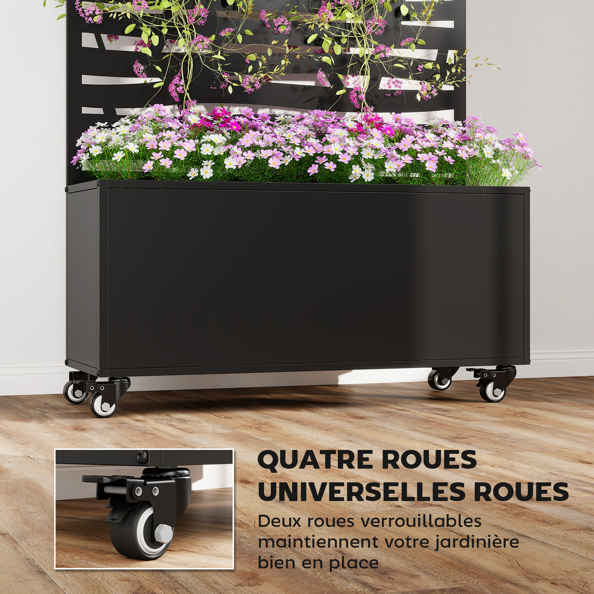 Jardinière brise-vue métal noir 90x30x160 cm à roulettes