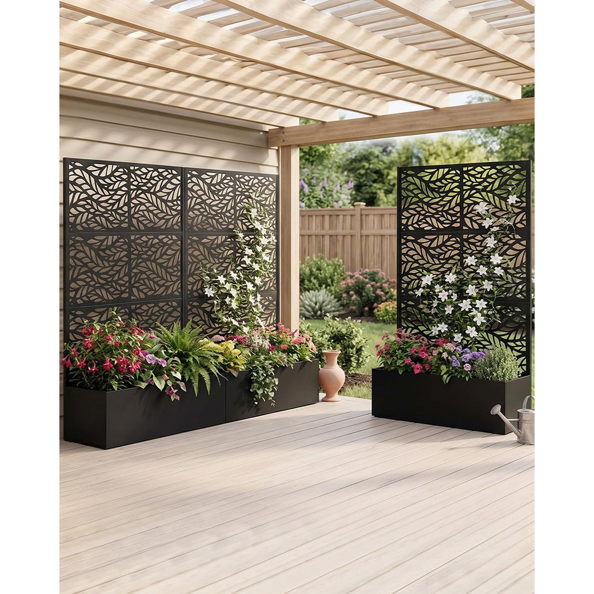 Jardinière brise-vue en métal noir avec treillis, 180 cm