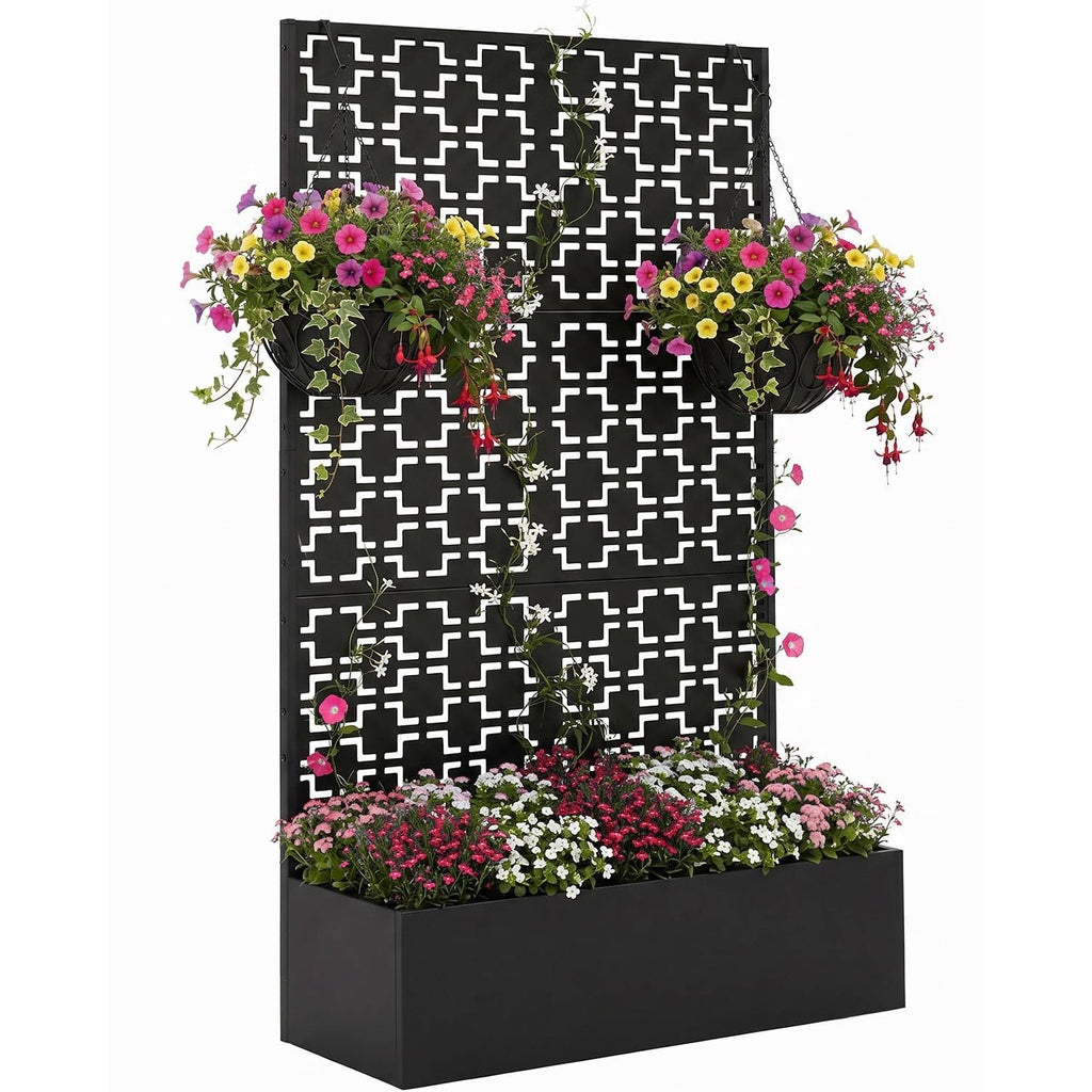 Jardinière brise-vue en métal noir avec treillis, 180 cm