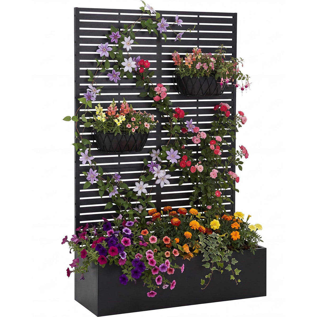 Jardinière brise-vue en métal noir avec treillis, 180 cm
