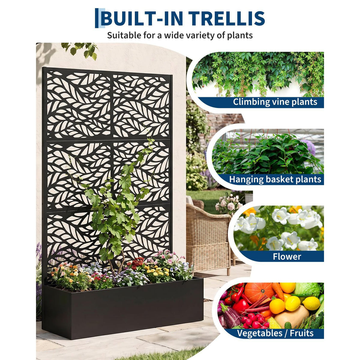 Jardinière brise-vue en métal noir avec treillis, 180 cm