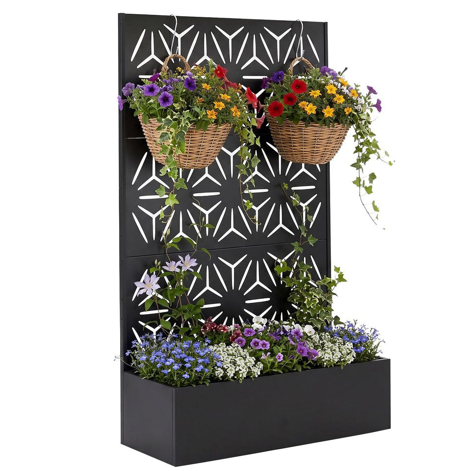 Jardinière brise-vue métal noir avec treillis ajouré motif fleur