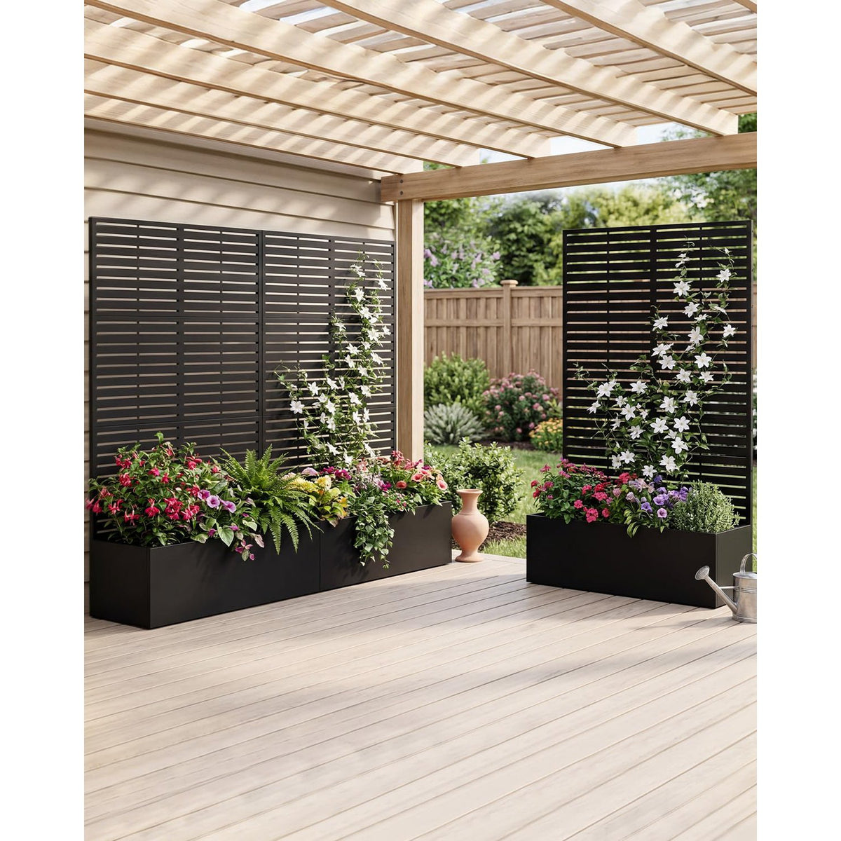 Jardinière brise-vue métal noir avec treillis intégré 180 cm
