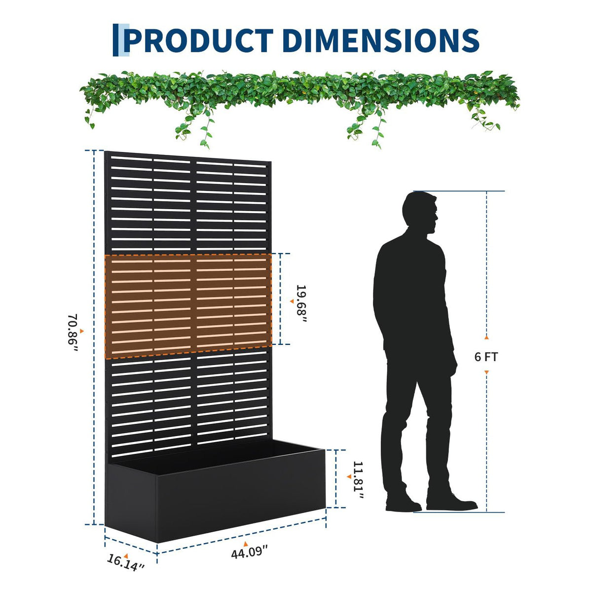 Jardinière brise-vue métal noir avec treillis intégré 180 cm