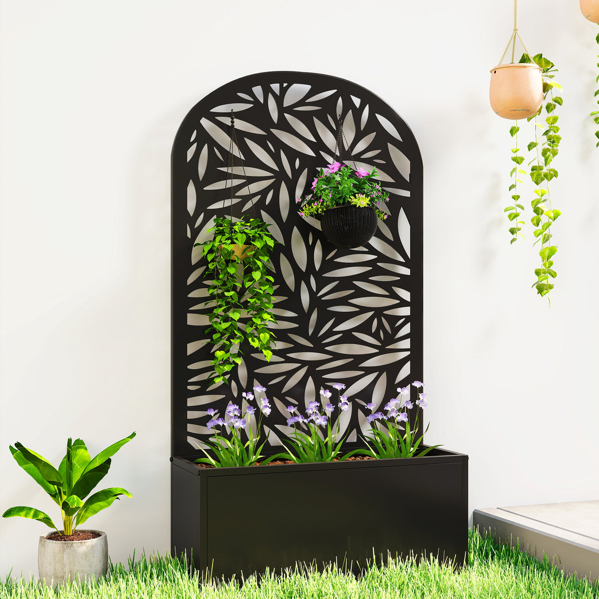 Jardinière brise-vue murale en métal noir ajouré 61x23x113 cm
