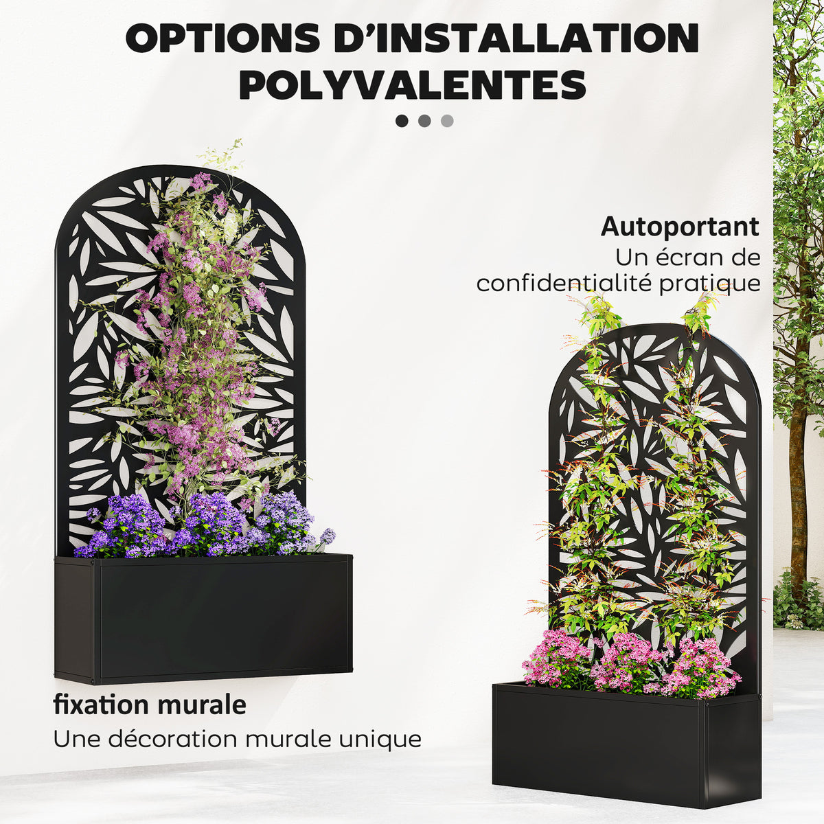 Jardinière brise-vue murale en métal noir ajouré 61x23x113 cm