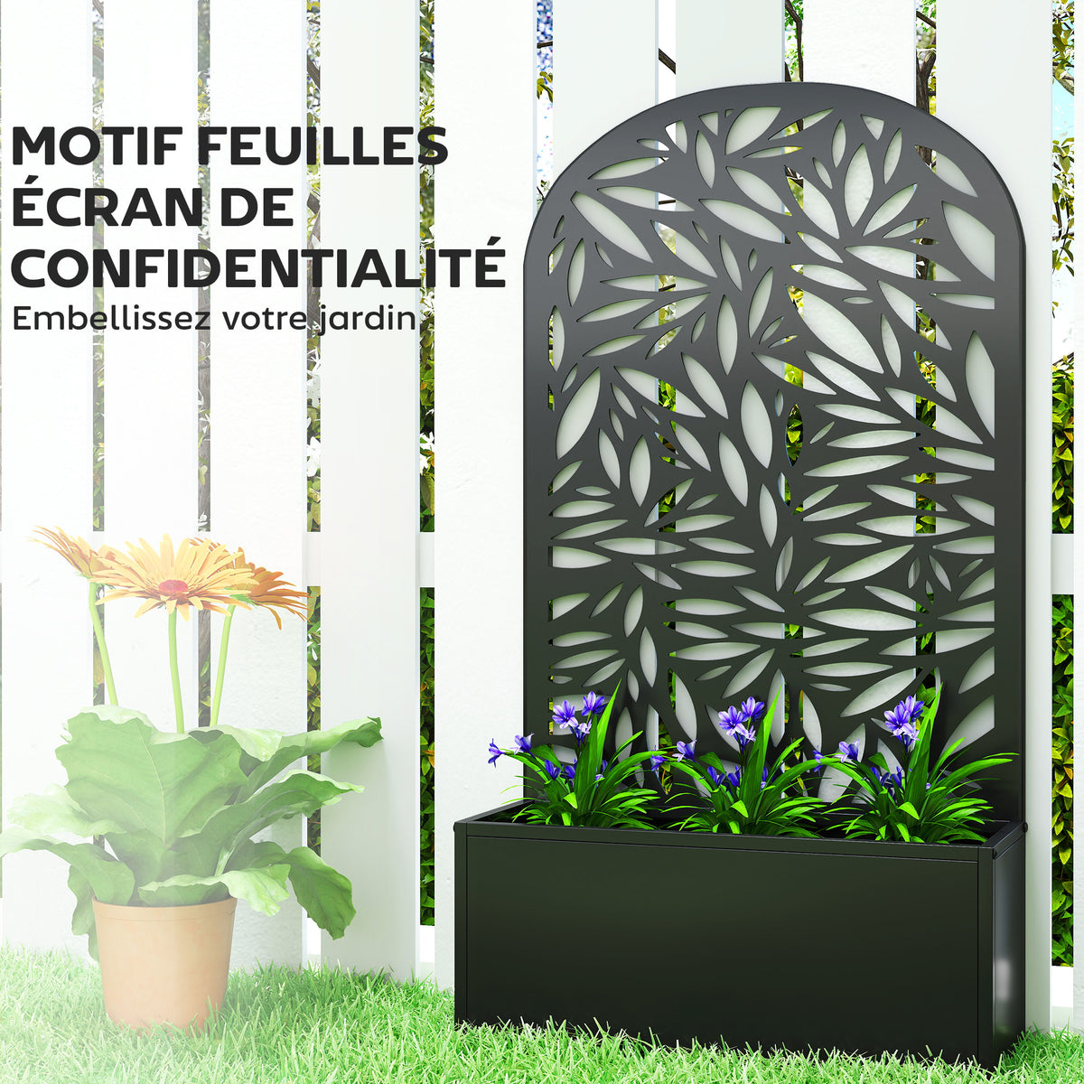 Jardinière brise-vue murale en métal noir ajouré 61x23x113 cm